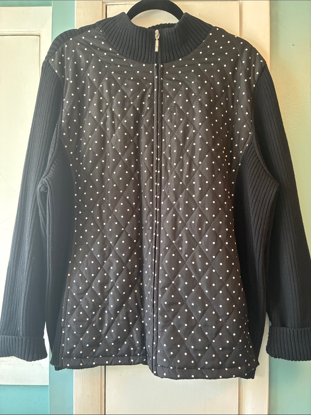 croft & barrow Black Quilted Polka Dot Zip Sweater Jacket
